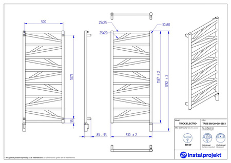 Instal Projekt Trick Electro Grzejnik elektryczny  50x120 cm biały mat/white mat TRKE-50/120C34+GH-06C1