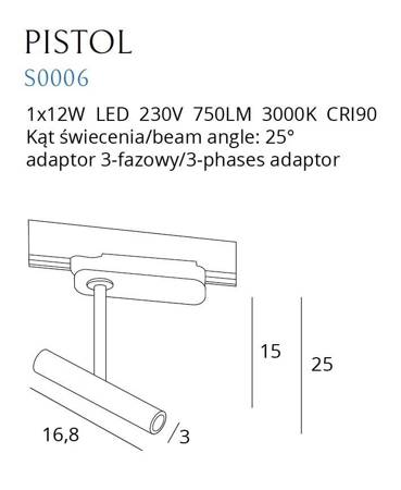 MAXLIGHT S0006 LAMPA DO SZYNOPRZEWODU PISTOL CZARNY 12W LED